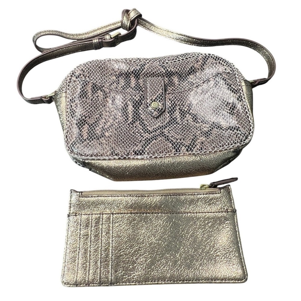 GILI Gold Metallic Snakeskin Embossed Leather Crossbody Bag with Matching Wallet